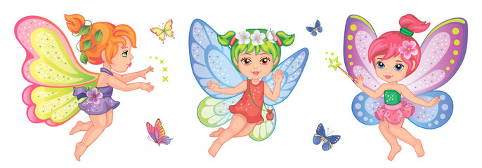 A little girl. Cute small fairy. Beautiful Elf princess. Set butterflies with colorful wings on white background. Toy or doll. Children's isolated illustration for print or sticker. Wonderland. Vector