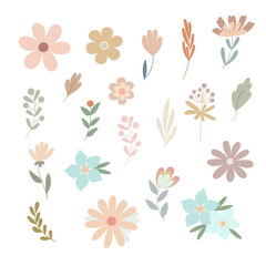 Simple pastel-colored flowers in flat style vector illustration, symbol of spring, cozy home, spring Easter holidays celebration decor, clipart for cards, banner, springtime decoration