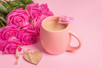 Morning coffee with a beautiful bouquet of roses