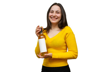 Girl with bottle of white wine on white background. Mockup for designers.