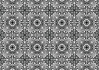 seamless tile with abstract flowers in folk style drawn on a white background for coloring, vector
