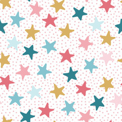 Colorful Stars and Polka Dots Seamless Vector Pattern Background