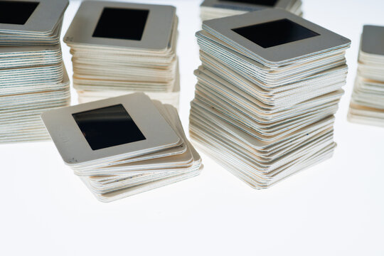 Close up of slides in piles on light box