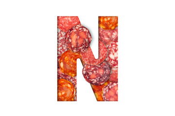 Sausage alphabet isolated on white background. Latin Food alphabet. Sausage letter N.