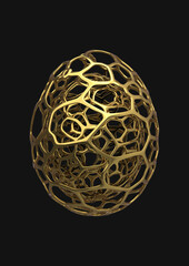 Modern abstract alien looking sophisticated Voronoi easter eggs 3d illustration render. Layered, gold material.
