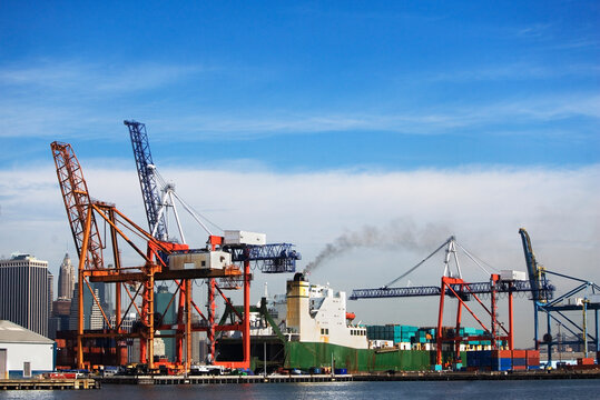 USA, New York City, cargo ship in dock