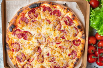 pizza salami double cheese sausage or pepperoni spicy fast food healthy meal top view copy space for text food background rustic image