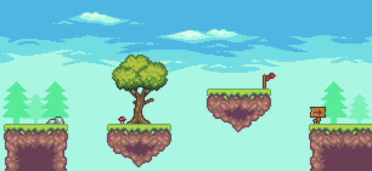 Pixel art arcade game scene with floating platform, trees, board, clouds,  and flag 8bit background © Kaleb