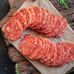 pepperoni sausage delicious meat with spices and paprika spicy fast food healthy meal top view copy space for text food background rustic image