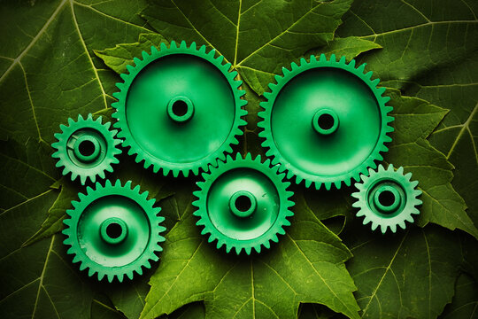 Green cogs connecting on leaves