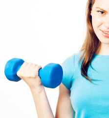 young pretty slim womans hand with dumbbell isolated, real sport girl next door, lifestyle people concept