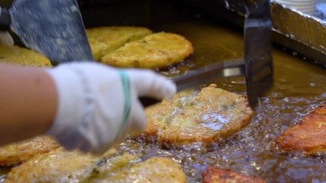 Korean traditional mung bean pancake, Street food in Korean market, Food made from healthy green beans, Simple snacks using green beans