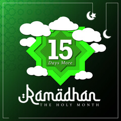 Number Countdown with green Islamic star geometry and cloud with Islamic symbol star and the moon to countdown how many days Ramadan will arrive for Muslim to fasting in Holy Month