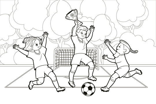 Coloring book: soccer girls celebrating victory in soccer while holding the champion cup. Vector illustration in cartoon style, isolated black and white line art.