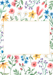 Hand drawn watercolor  wildflowers wreath illustration.Wildflower flowers frame for wedding, birthday invitation. Floral bouquet.