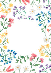 Hand drawn watercolor  wildflowers wreath illustration.Wildflower flowers frame clipart for wedding, birthday invitation. Floral bouquet. Meadow flowers.