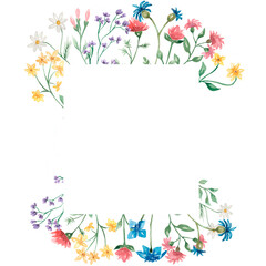 Hand drawn watercolor  wildflowers wreath illustration.Wildflower flowers frame clipart for wedding, birthday invitation. Floral bouquet. Meadow flowers.