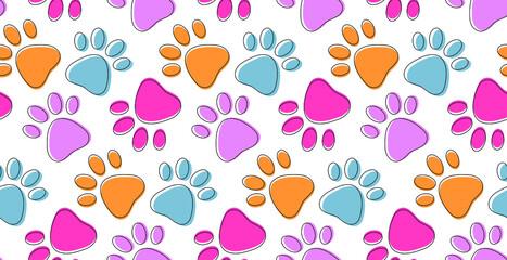 Fototapeta premium Cute seamless pattern with colorful pets paws. Cat or dog footprint outline background. Animal backdrop for pet shops, product packing, greeting card, vet clinic, children textile.