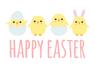 Vector set of hand drawn flat doodle easter chicks and happy easter lettering isolated on white background