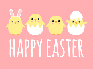 Vector set of hand drawn flat doodle easter chicks and happy easter lettering isolated on pink background