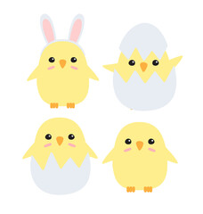 Vector set bundle of hand drawn flat doodle easter chicks isolated on white background