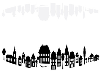 Fototapeta premium Banners with arched village silhouettes of architectural buildings with empty space for your text. Black and white illustration of houses with gray mirroring. 