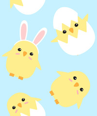 Obraz na płótnie Canvas Vector seamless pattern of hand drawn flat doodle easter chicks isolated on blue background