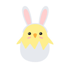 Obraz na płótnie Canvas Vector flat cartoon easter chick in egg shell with rabbit ears isolated on white background