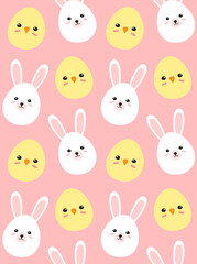 Vector seamless pattern of flat cartoon easter egg with rabbit ears and chick face isolated on pink background