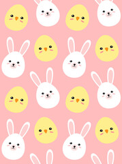 Obraz premium Vector seamless pattern of flat cartoon easter egg with rabbit ears and chick face isolated on pink background