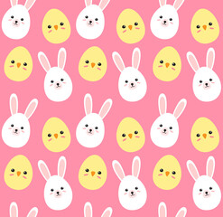 Vector seamless pattern of flat cartoon easter egg with rabbit ears and chick face isolated on pink background
