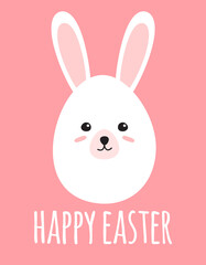 Vector flat cartoon egg with rabbit ears face and happy easter lettering isolated on pink background