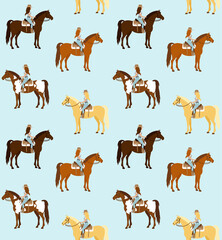 Vector seamless pattern of flat different color cowboy woman girl riding western horse isolated on blue background