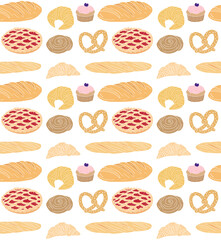 Vector seamless pattern of hand drawn doodle sketch colored bakery bread and buns isolated on white background