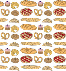 Vector seamless pattern of different color hand drawn doodle sketch bakery bread and buns isolated on white background