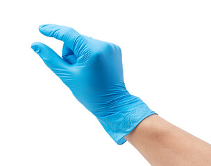 Hand wearing nitrile gloves on white background