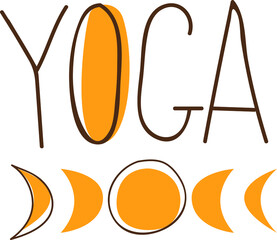 Clipart inscription yoga and the sun and moon. Sports, fitness, worth, development, vegetarianism. Retro style. Decor for decoration. Vector illustration in cartoon style.