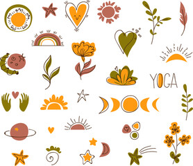 Clipart set of decor, lettering yoga, flowers, sun, moon, hands. Sports, fitness, worth, development, vegetarianism. Retro style. Decor for decoration. Vector illustration in cartoon style.