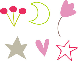 Clipart set of decor flowers plants, moon, berries. Retro style. Decor for decoration. Vector illustration in cartoon style.
