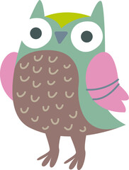 Clipart Cute funny gray owl. Children's print with a bird owl. Print for the children's room. Pastel color. Retro style. Decor for decoration. Vector illustration in cartoon style.