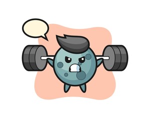 Asteroid mascot cartoon with a barbell