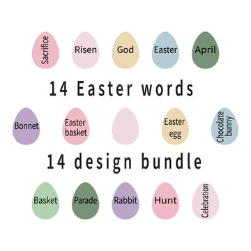 14 words related to Easter vocabulary. Easter basic words set. Text written on colored eggs. Collection for Jesus feast. Christ's day egg palette. Design elements for religious holiday. Vector EPS10