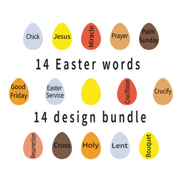 14 Easter words on eggs set. Colorful eggs. Group of popular words Happy Easter. Christ's day lettering. Festive templates collection. Jesus resurrection holiday design elements. Vector illustration