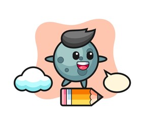 Asteroid mascot illustration riding on a giant pencil