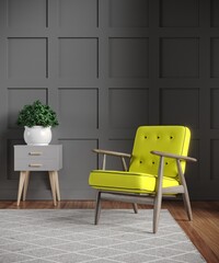 Yellow upholstered armchair in black interior with square design wall, carpet and wooden floor