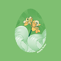 Cute Vector Easter Egg illustration with orange Freesia flower on green background. Decorative greeting card or poster with spring love symbols.