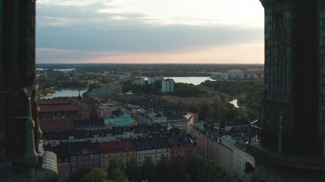 Drone flight between church towers, Stockholm, Sweden