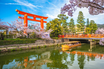 Fototapeta premium Heian Jingu's Torii and Okazaki Canal with cherry blossom in kyoto, japan