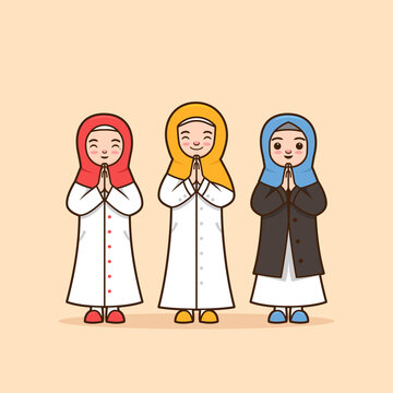 Set Female muslim character illustration with hijab scarf ramadhan thanking, greeting, apologize, farewell pose with respect by using two hand palms splice together