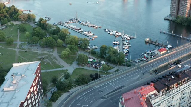 Waterside park and water scooter, Stockholm aerial view